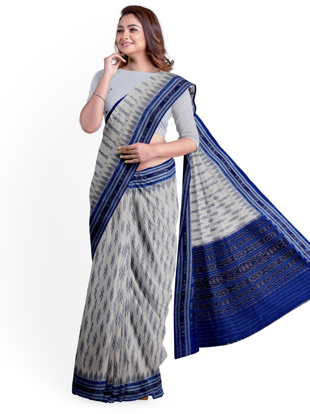 White with Blue Cotton Odisha Ikat saree with cotton ikat blouse piece