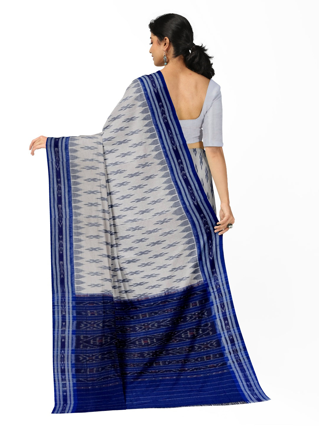 White with Blue Cotton Odisha Ikat saree with cotton ikat blouse piece