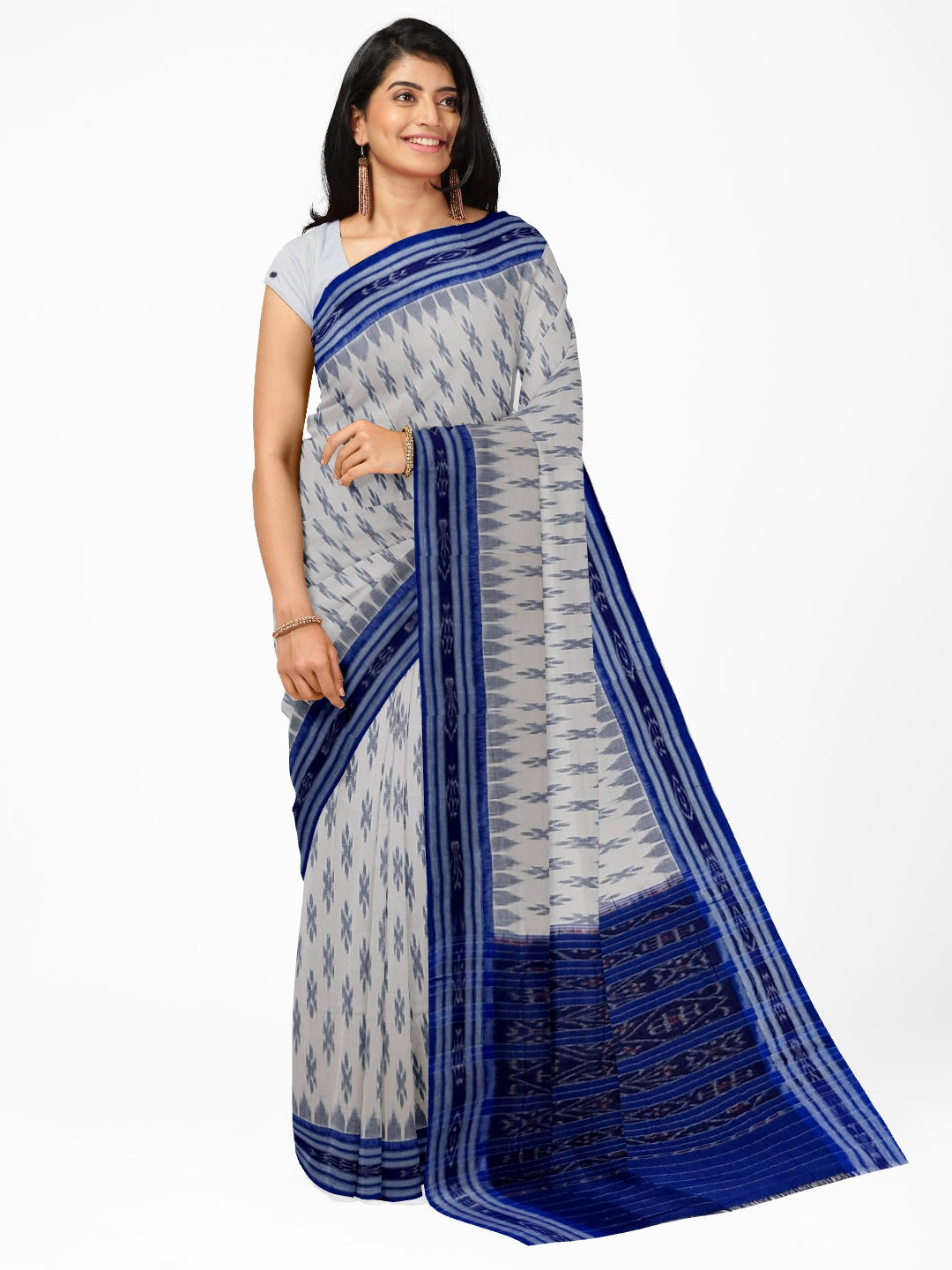 White with Blue Cotton Odisha Ikat saree with cotton ikat blouse piece