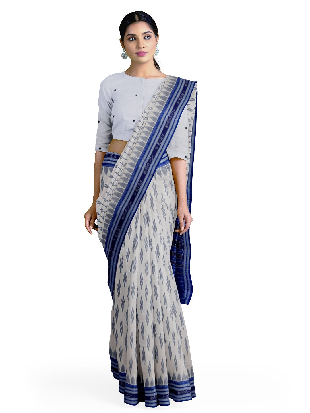 White with Blue Cotton Odisha Ikat saree with cotton ikat blouse piece