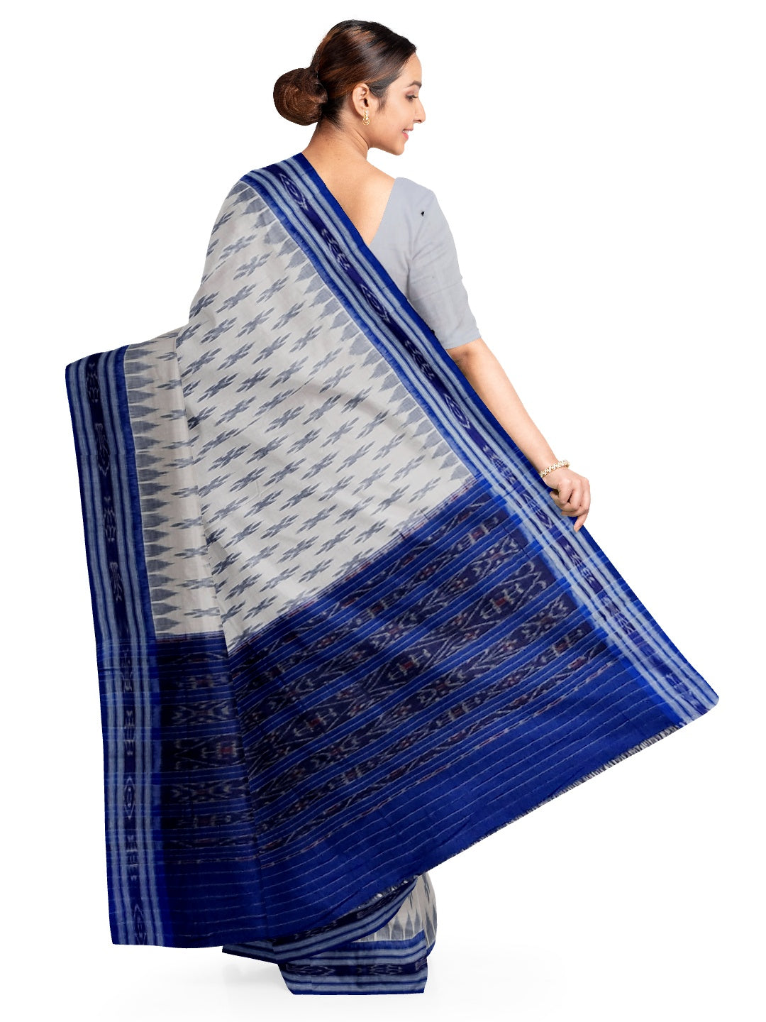 White with Blue Cotton Odisha Ikat saree with cotton ikat blouse piece