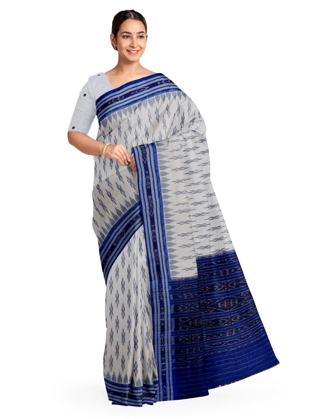 White with Blue Cotton Odisha Ikat saree with cotton ikat blouse piece