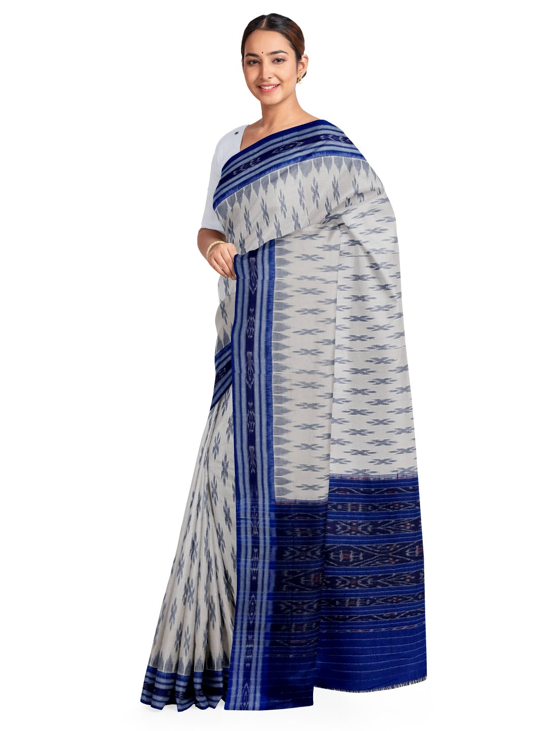 White with Blue Cotton Odisha Ikat saree with cotton ikat blouse piece