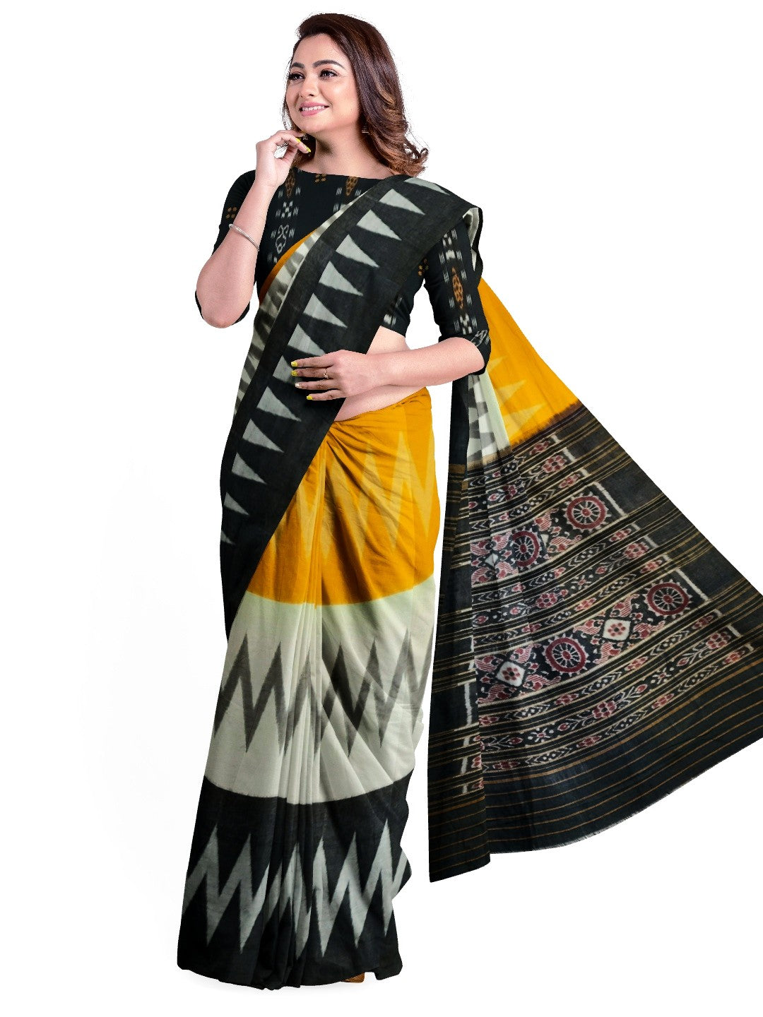 Multi Coloured Cotton Odisha Ikat saree with cotton ikat blouse piece