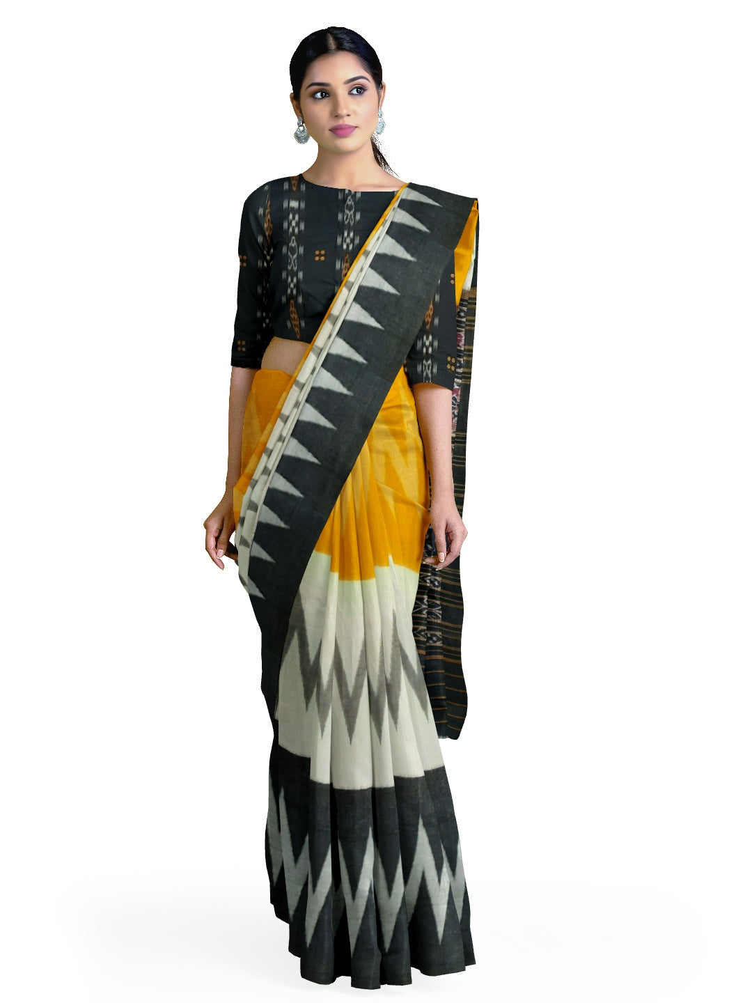 Multi Coloured Cotton Odisha Ikat saree with cotton ikat blouse piece