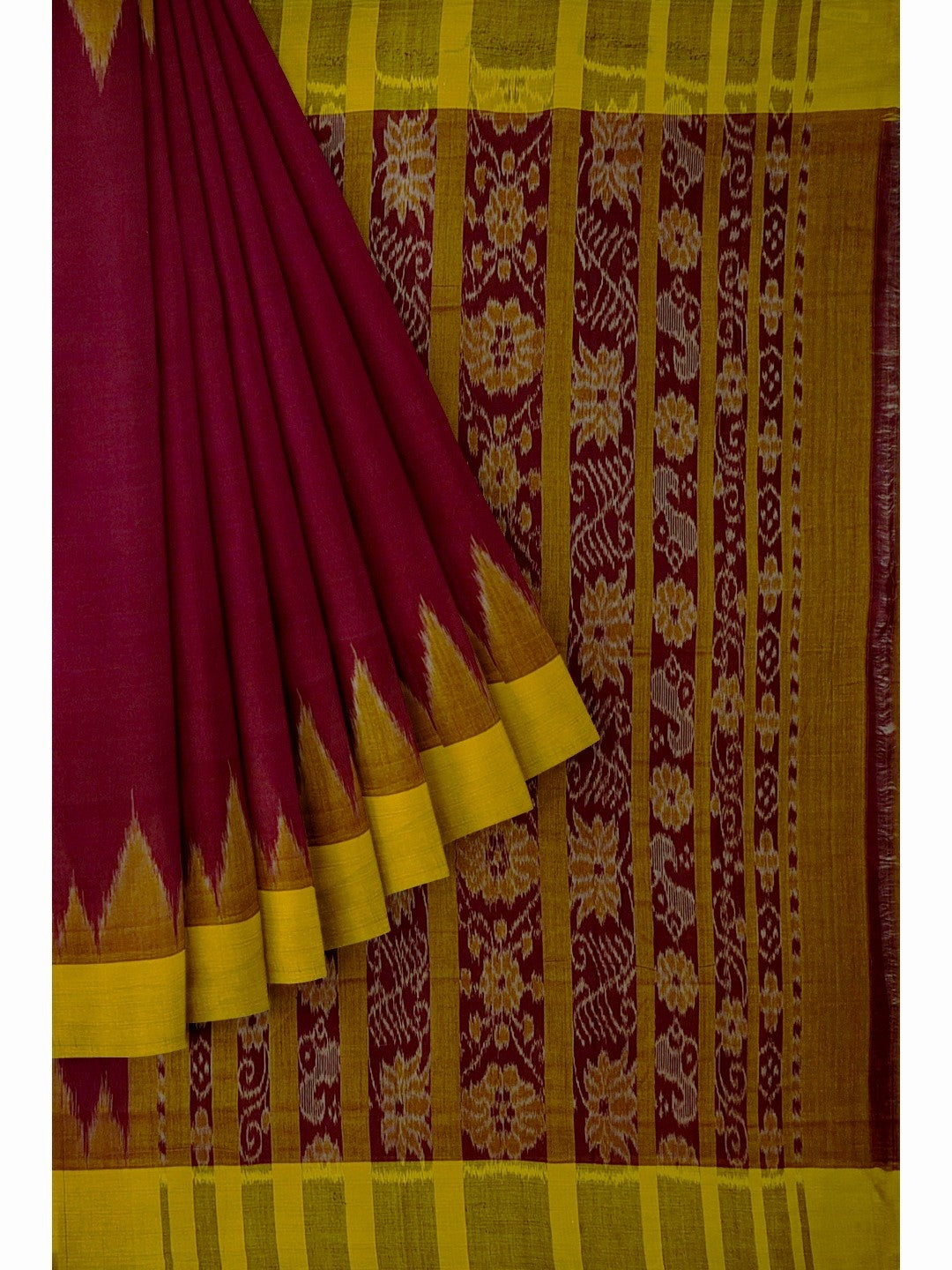 Maroon Golden Cotton Odisha Ikat saree with cotton ikat blouse piece