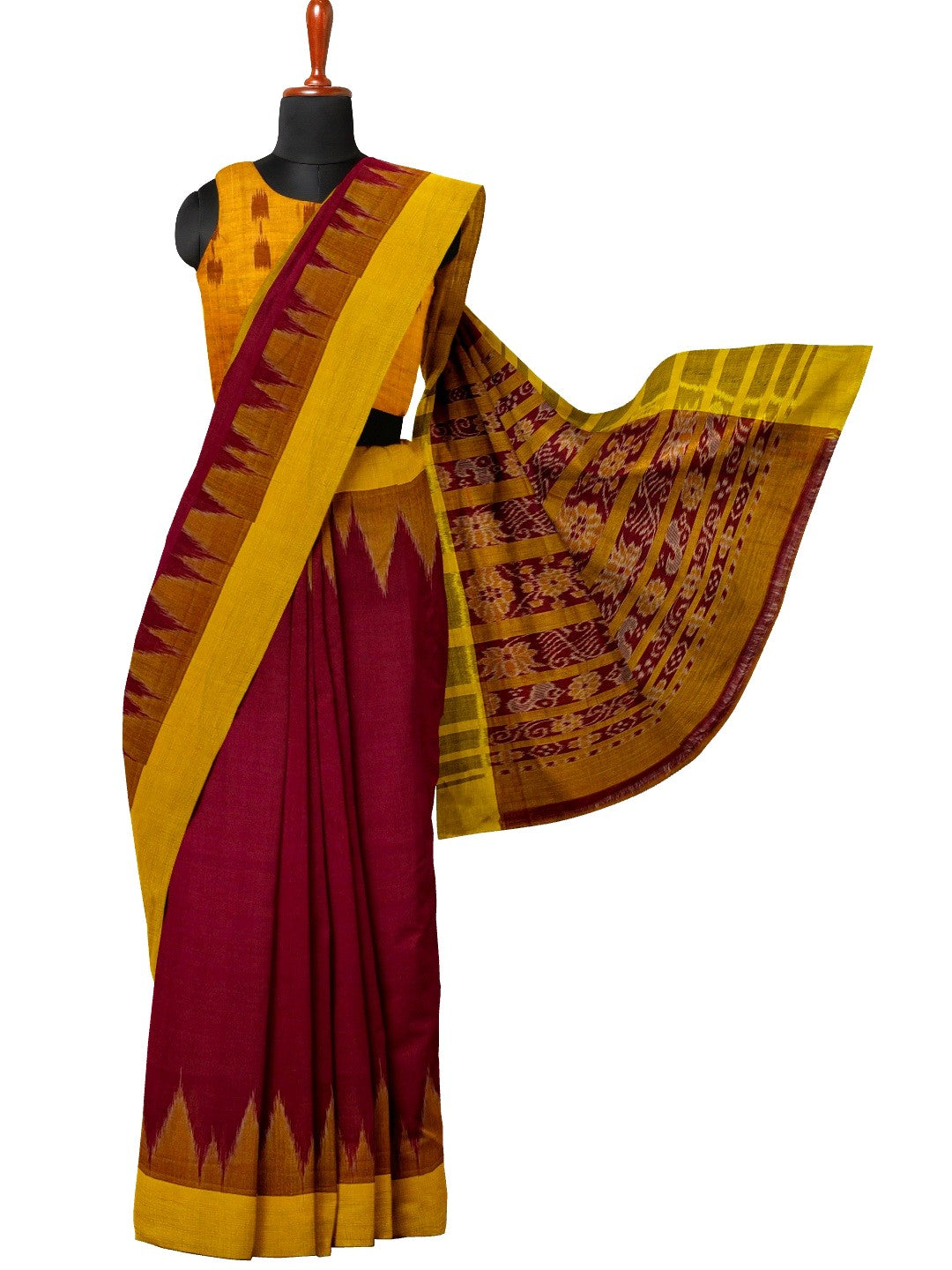 Maroon Golden Cotton Odisha Ikat saree with cotton ikat blouse piece