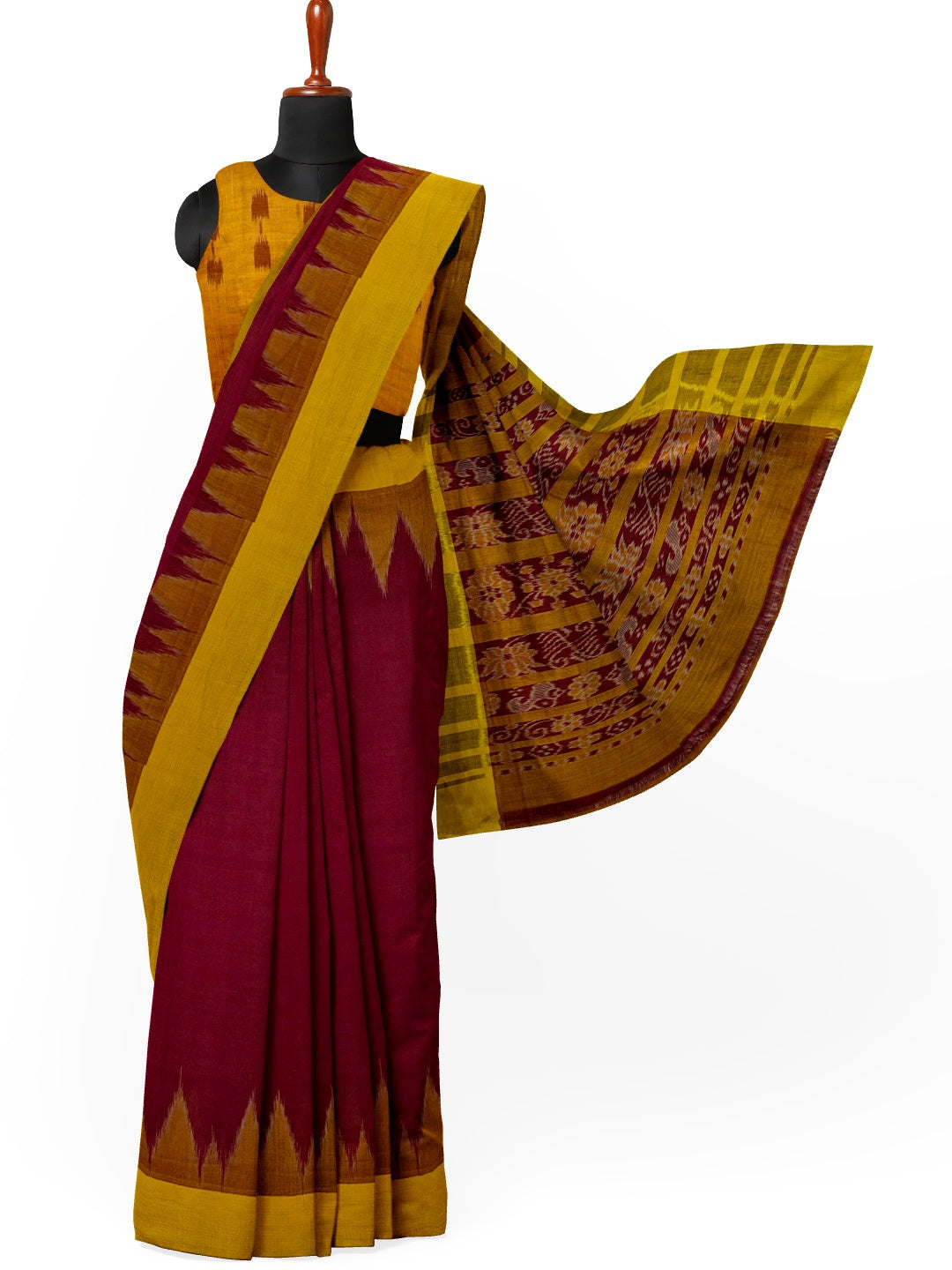 Maroon Golden Cotton Odisha Ikat saree with cotton ikat blouse piece