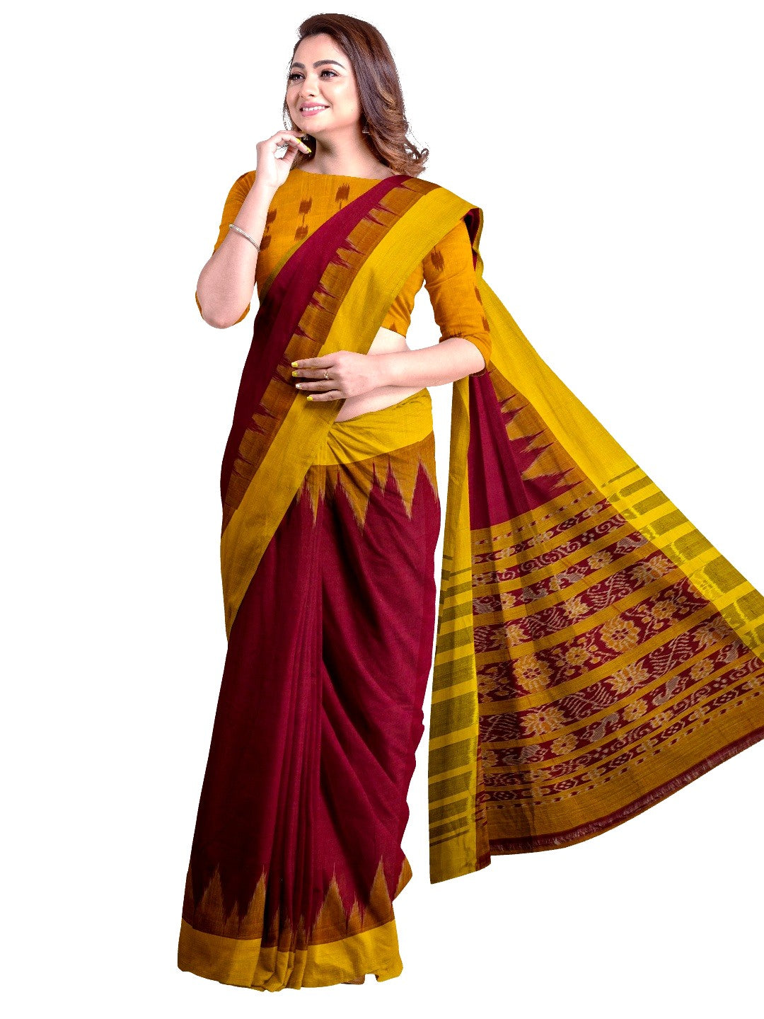 Maroon Golden Cotton Odisha Ikat saree with cotton ikat blouse piece