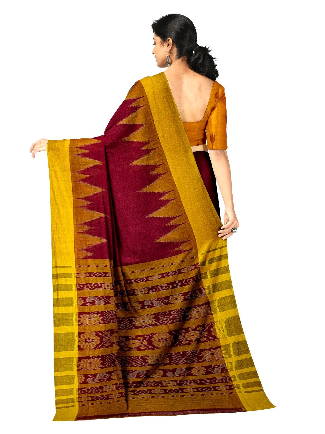 Maroon Golden Cotton Odisha Ikat saree with cotton ikat blouse piece