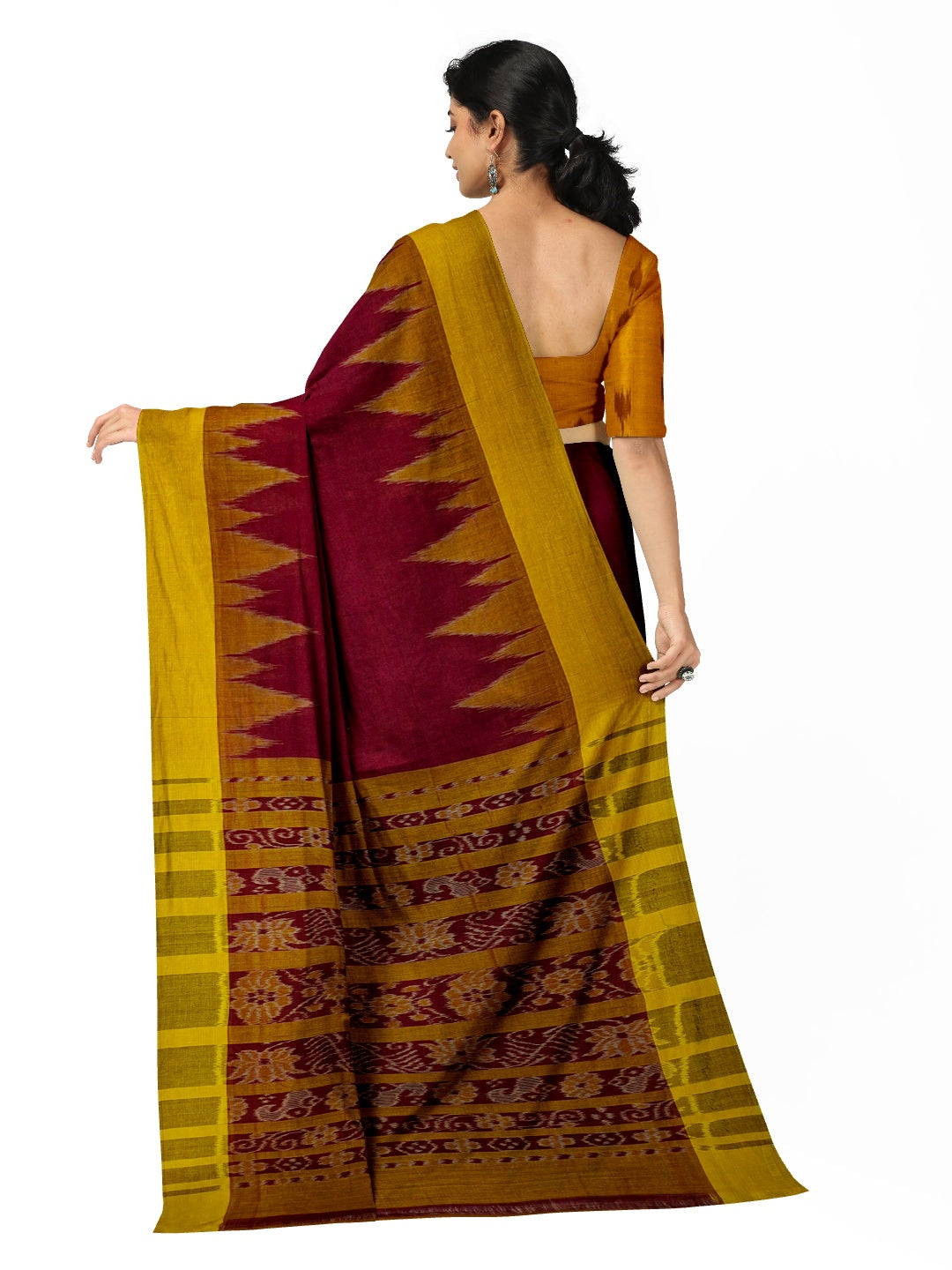 Maroon Golden Cotton Odisha Ikat saree with cotton ikat blouse piece