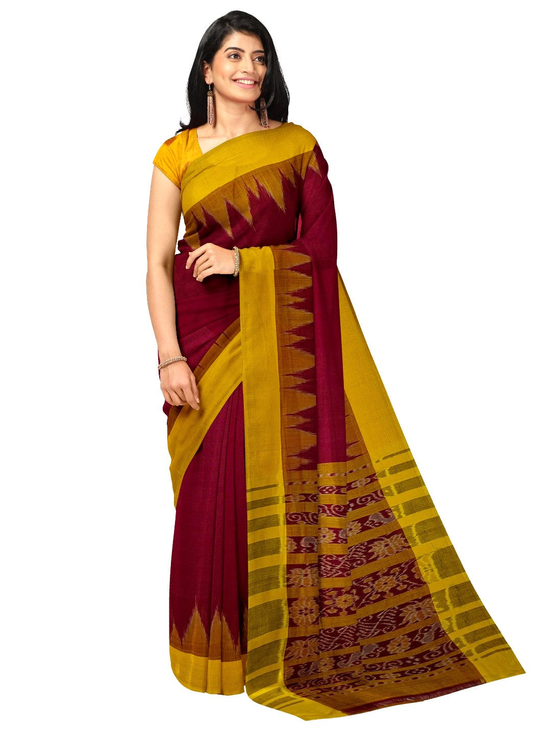 Maroon Golden Cotton Odisha Ikat saree with cotton ikat blouse piece
