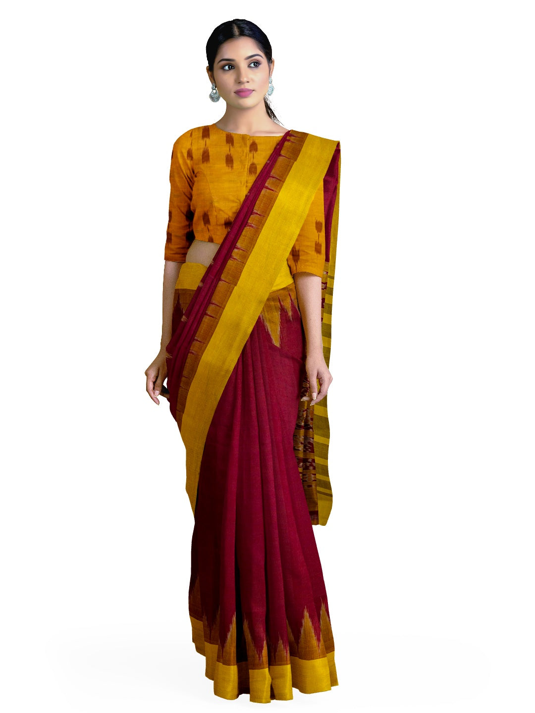 Maroon Golden Cotton Odisha Ikat saree with cotton ikat blouse piece