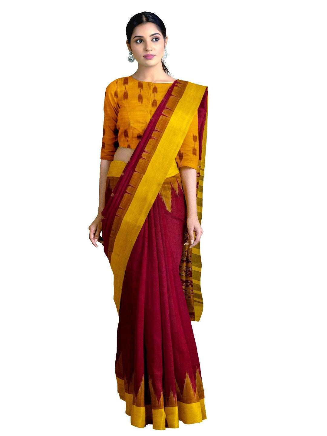 Maroon Golden Cotton Odisha Ikat saree with cotton ikat blouse piece