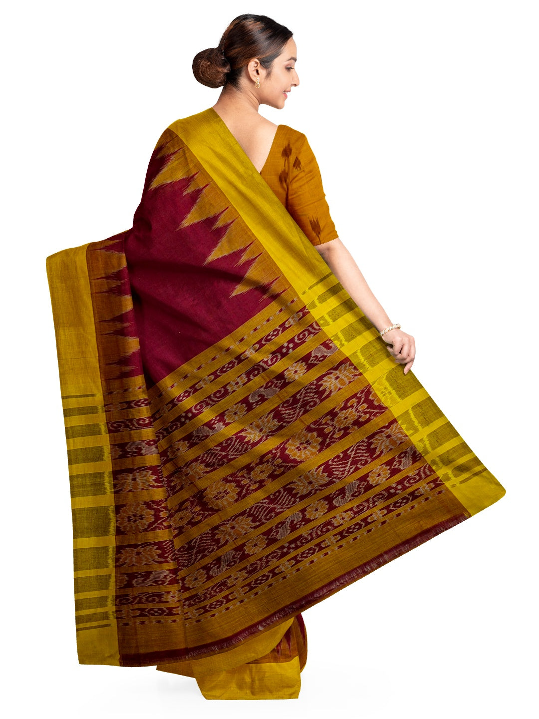 Maroon Golden Cotton Odisha Ikat saree with cotton ikat blouse piece