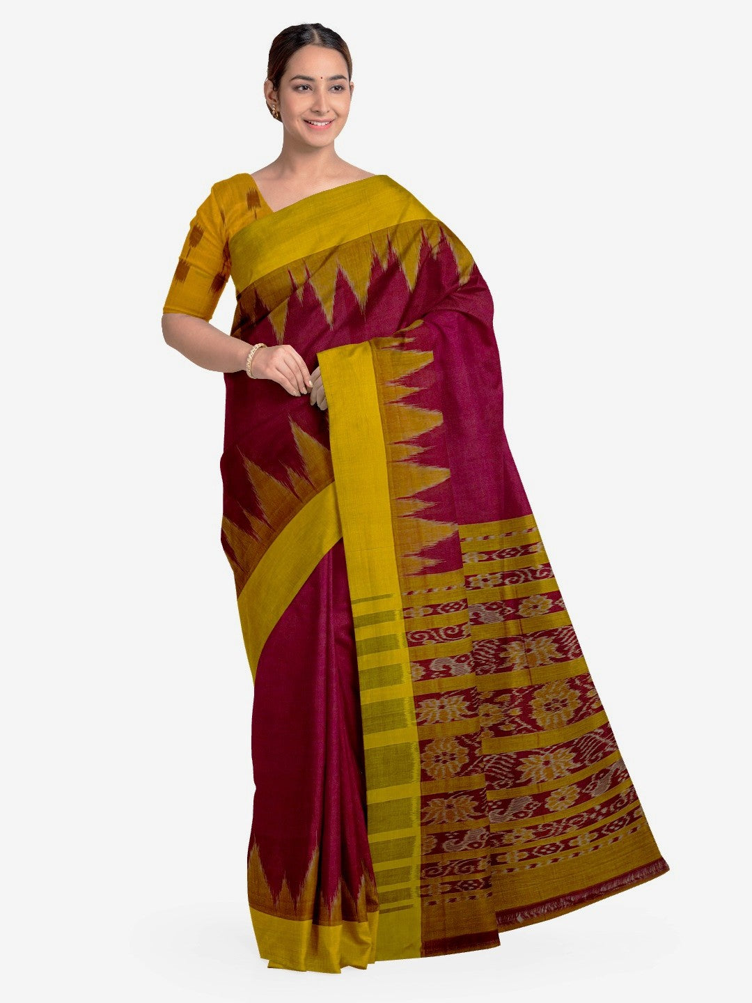 Maroon Golden Cotton Odisha Ikat saree with cotton ikat blouse piece