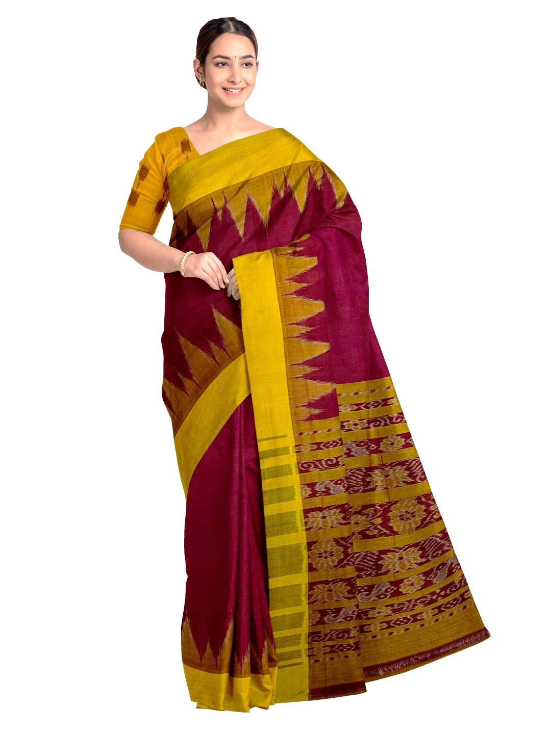 Maroon Golden Cotton Odisha Ikat saree with cotton ikat blouse piece