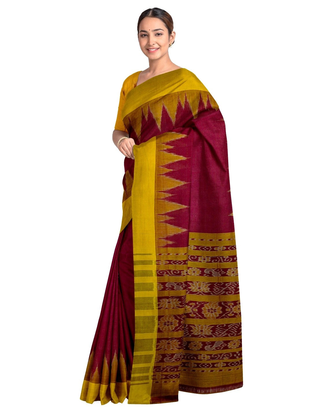 Maroon Golden Cotton Odisha Ikat saree with cotton ikat blouse piece