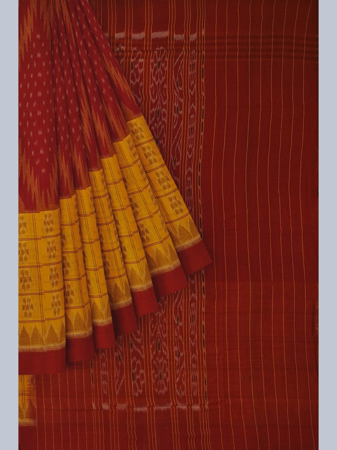 Yellow Red half half body coloured Odisha Ikat saree with cotton ikat blouse piece