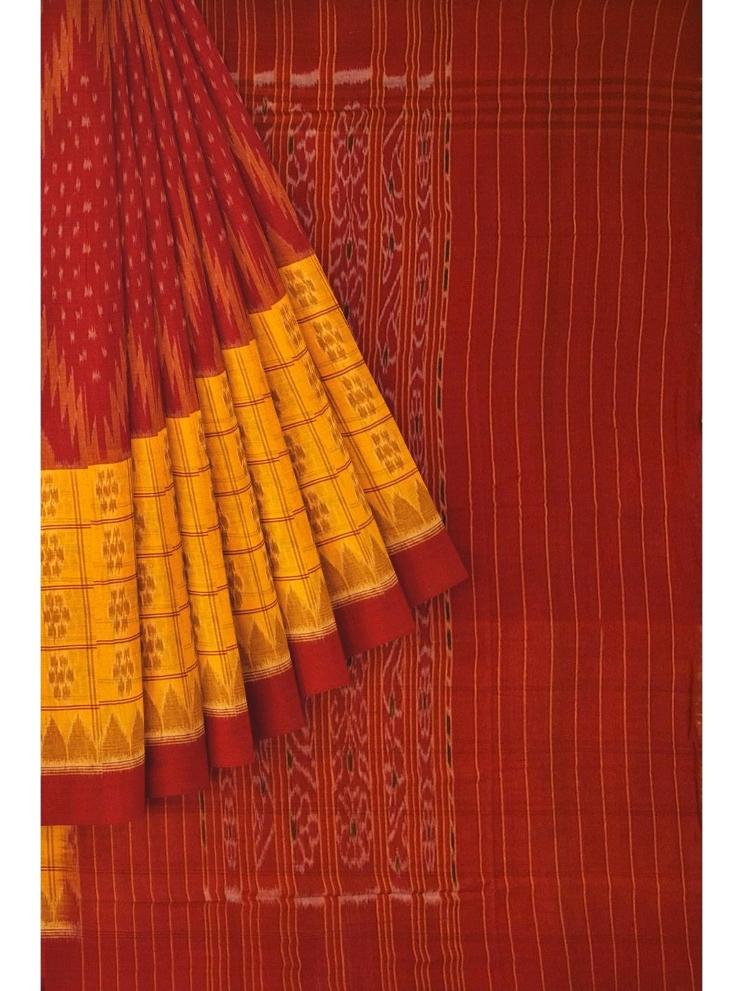 Yellow Red half half body coloured Odisha Ikat saree with cotton ikat blouse piece