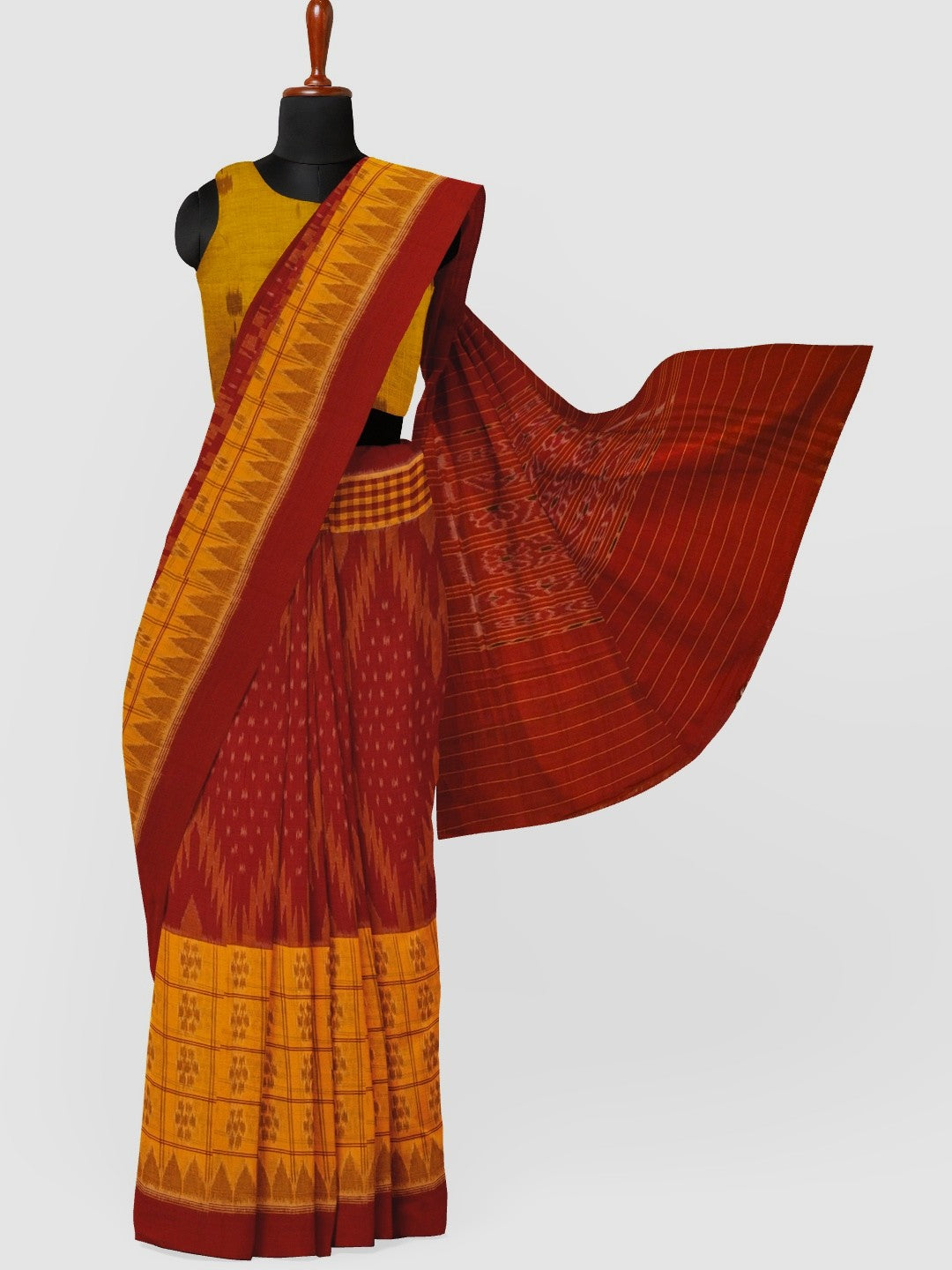 Yellow Red half half body coloured Odisha Ikat saree with cotton ikat blouse piece