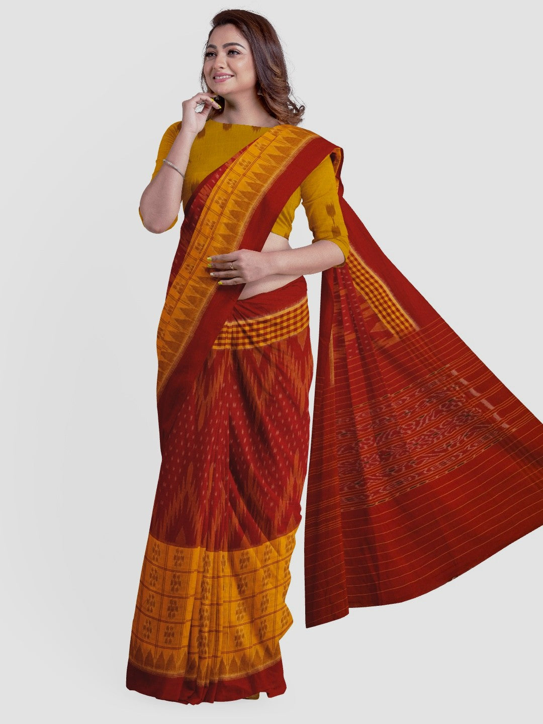 Yellow Red half half body coloured Odisha Ikat saree with cotton ikat blouse piece