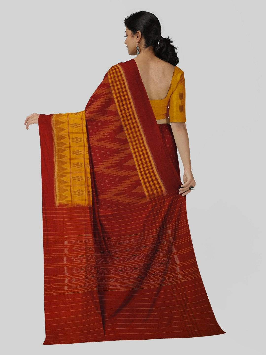 Yellow Red half half body coloured Odisha Ikat saree with cotton ikat blouse piece