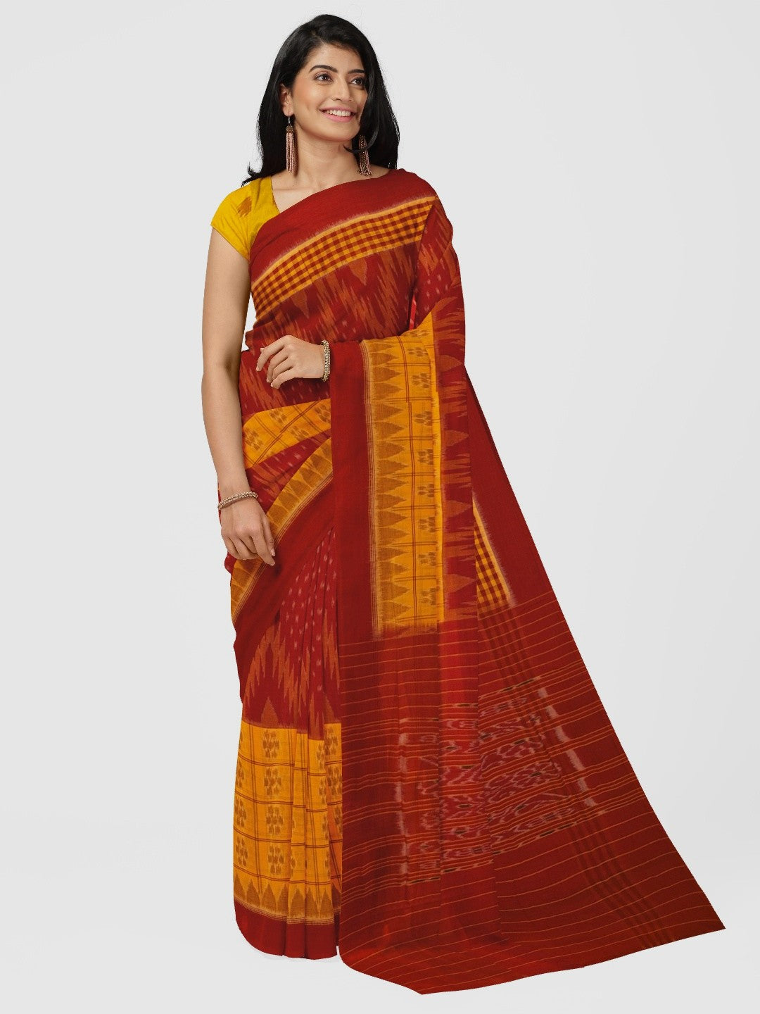 Yellow Red half half body coloured Odisha Ikat saree with cotton ikat blouse piece