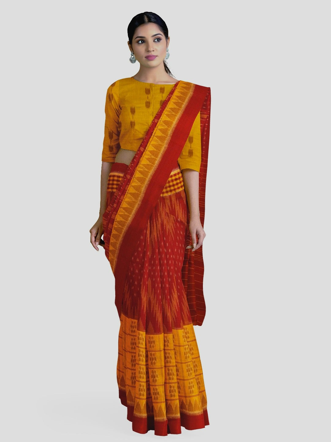 Yellow Red half half body coloured Odisha Ikat saree with cotton ikat blouse piece