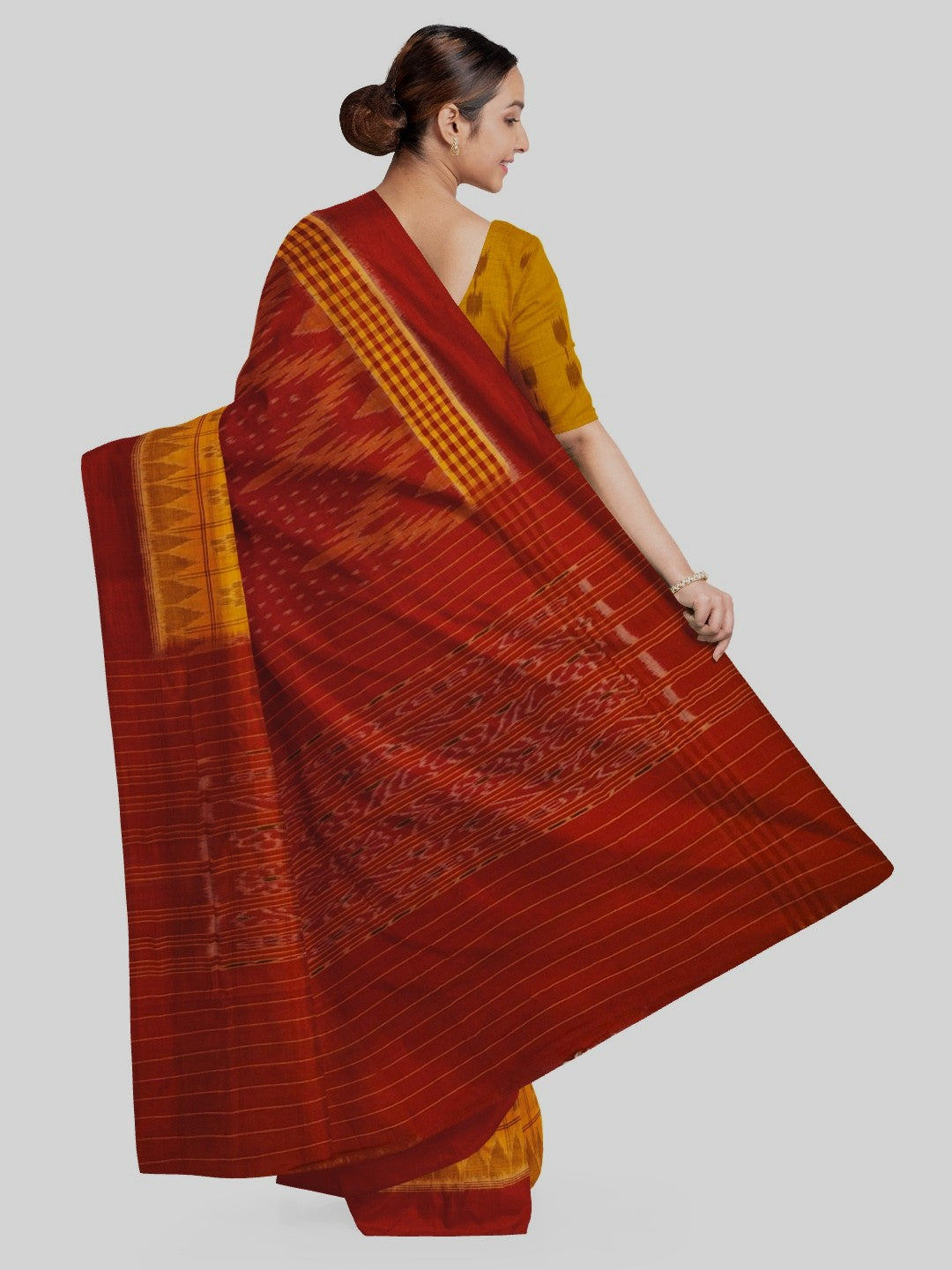 Yellow Red half half body coloured Odisha Ikat saree with cotton ikat blouse piece
