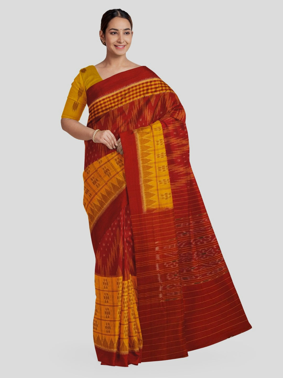 Yellow Red half half body coloured Odisha Ikat saree with cotton ikat blouse piece
