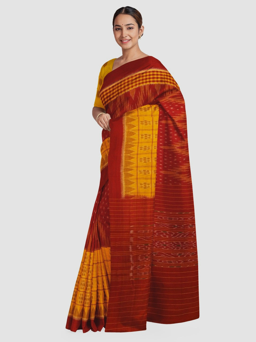 Yellow Red half half body coloured Odisha Ikat saree with cotton ikat blouse piece
