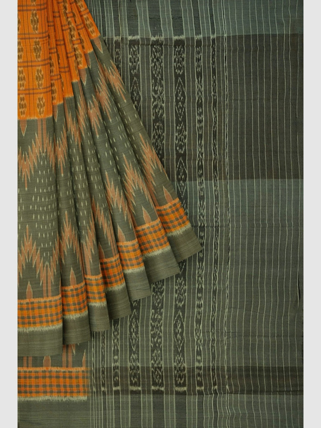 Grey Orange half half body coloured Odisha Ikat saree with cotton ikat blouse piece
