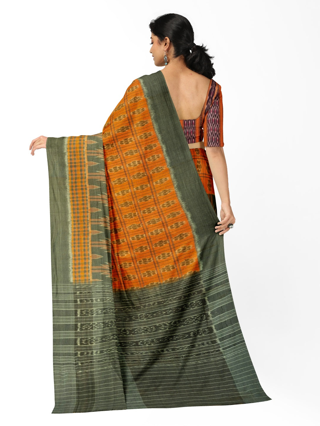 Grey Orange half half body coloured Odisha Ikat saree with cotton ikat blouse piece