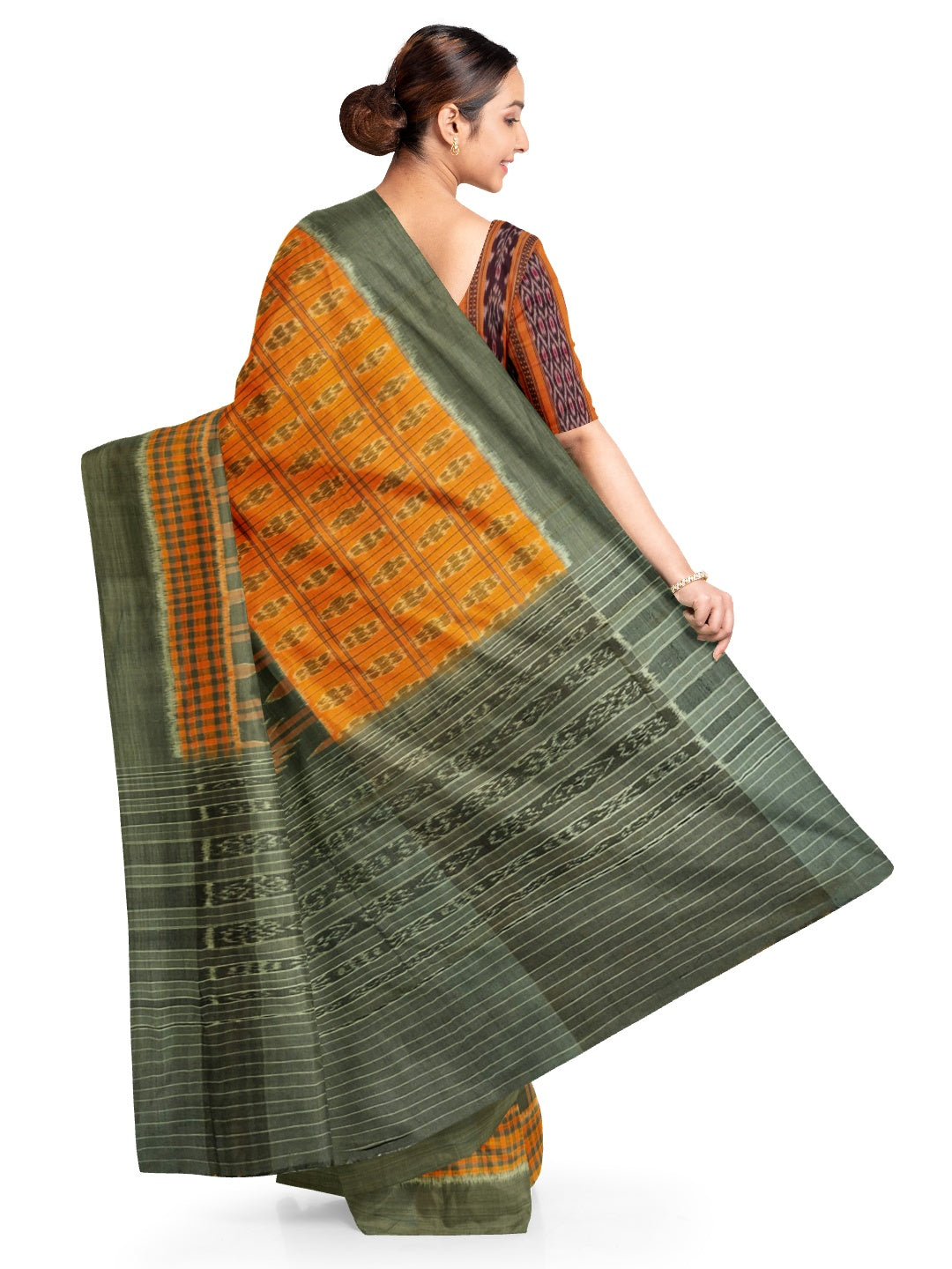 Grey Orange half half body coloured Odisha Ikat saree with cotton ikat blouse piece