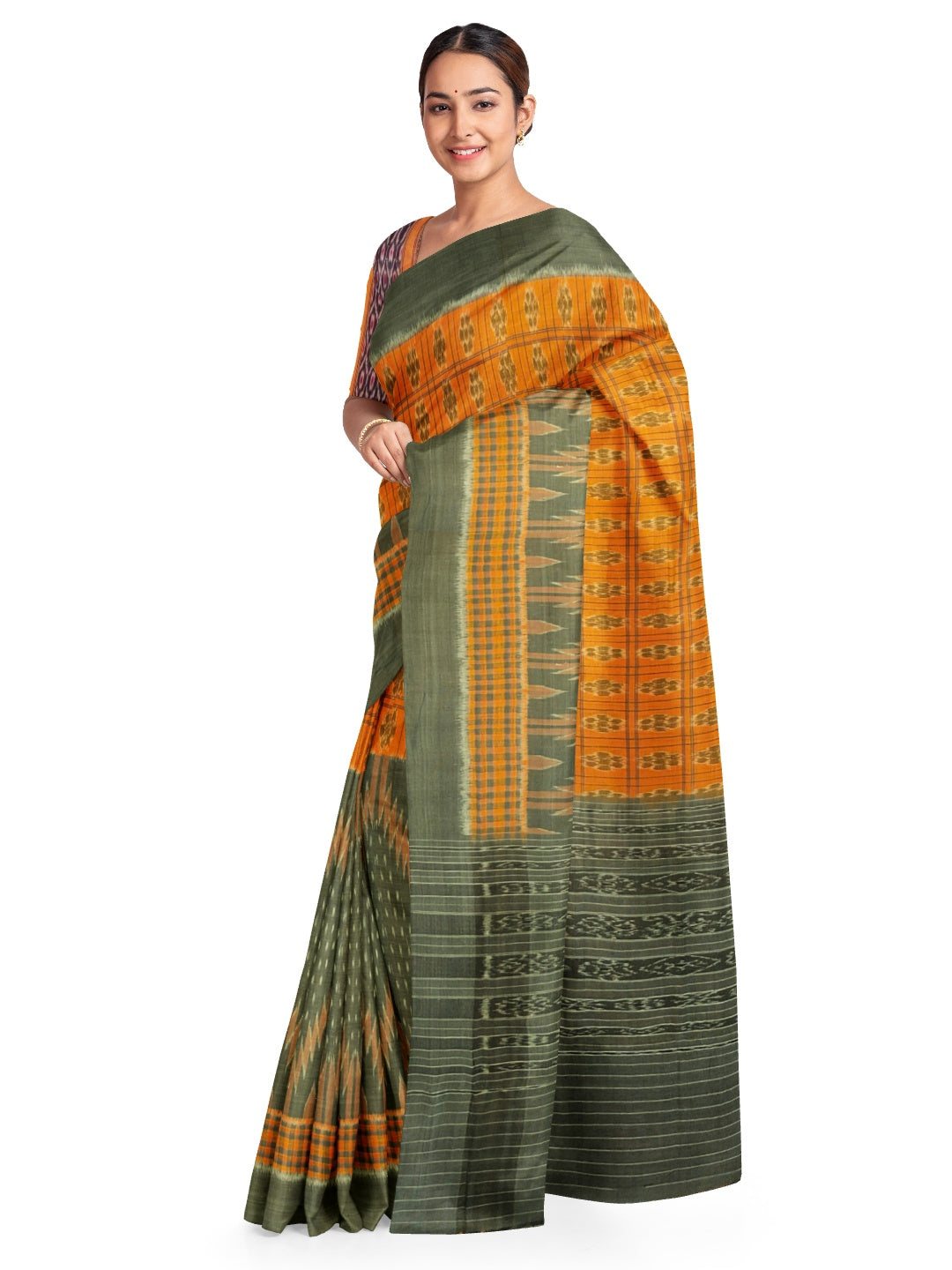 Grey Orange half half body coloured Odisha Ikat saree with cotton ikat blouse piece