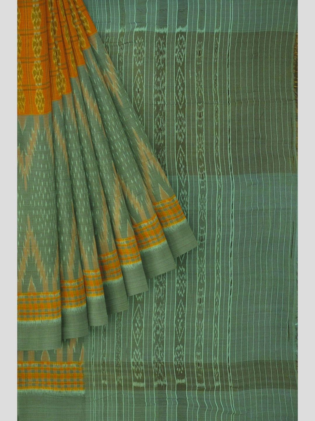 Light Green Orange half half body coloured Odisha Ikat saree with cotton ikat blouse piece