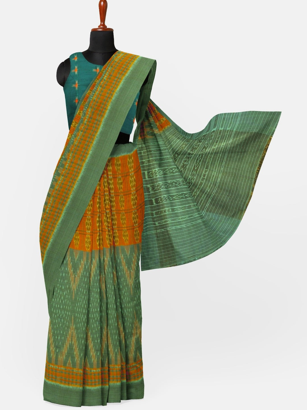 Light Green Orange half half body coloured Odisha Ikat saree with cotton ikat blouse piece