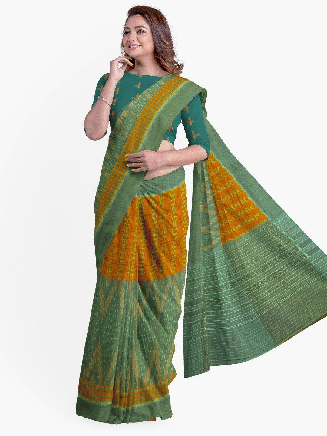 Light Green Orange half half body coloured Odisha Ikat saree with cotton ikat blouse piece