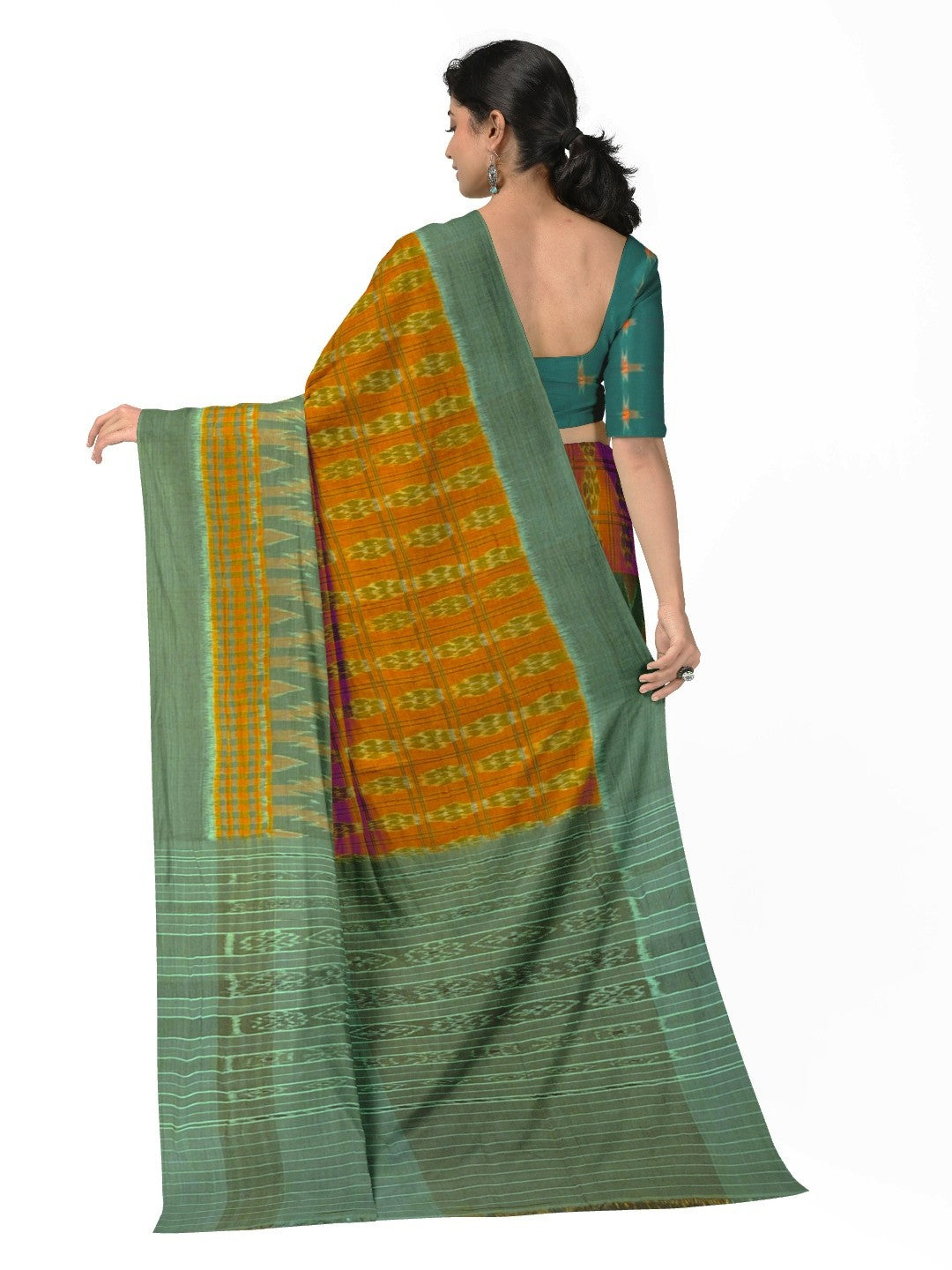 Light Green Orange half half body coloured Odisha Ikat saree with cotton ikat blouse piece