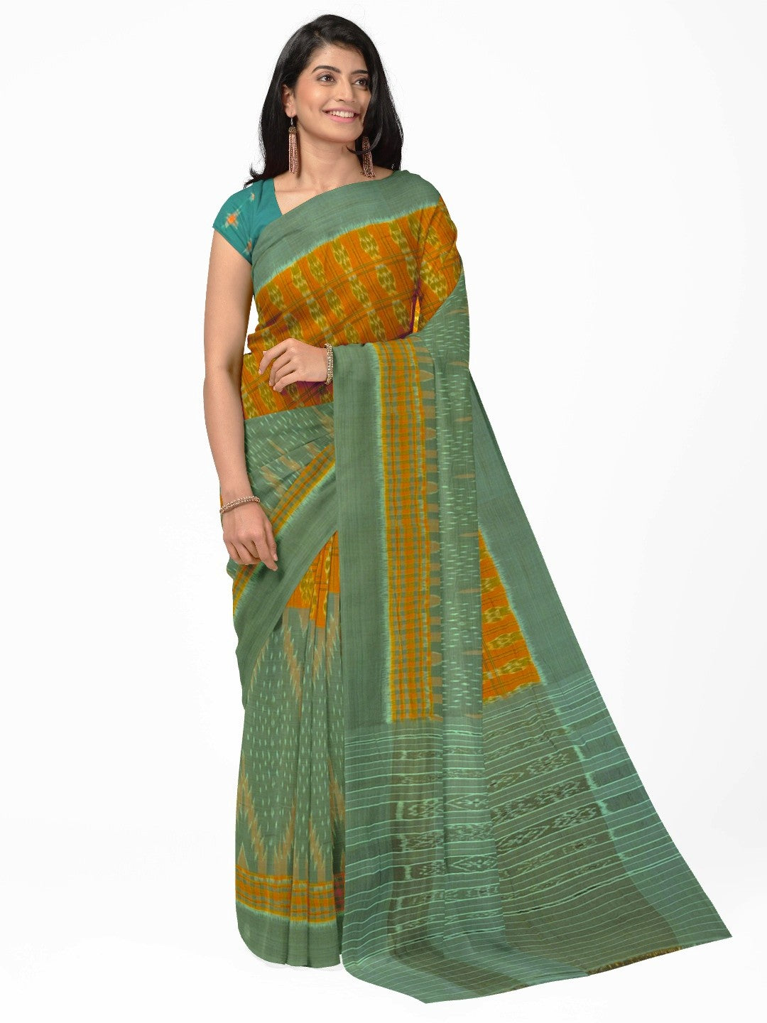 Light Green Orange half half body coloured Odisha Ikat saree with cotton ikat blouse piece