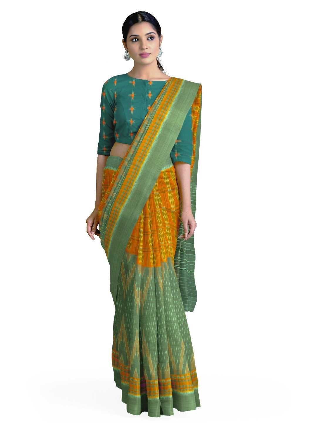 Light Green Orange half half body coloured Odisha Ikat saree with cotton ikat blouse piece