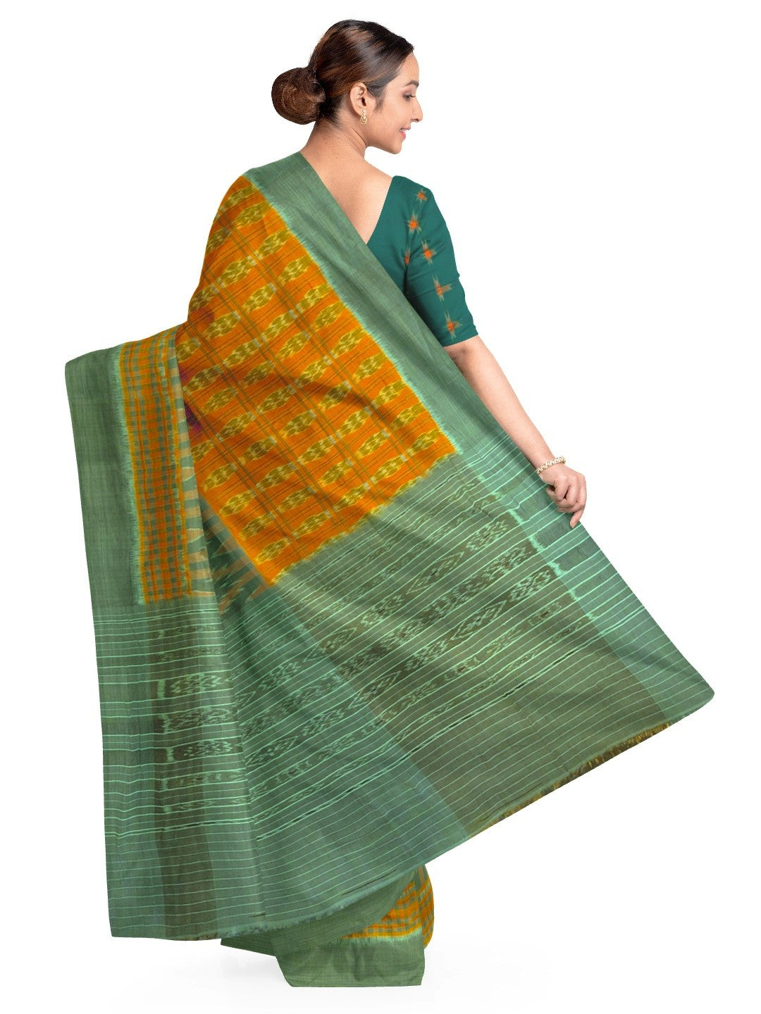 Light Green Orange half half body coloured Odisha Ikat saree with cotton ikat blouse piece