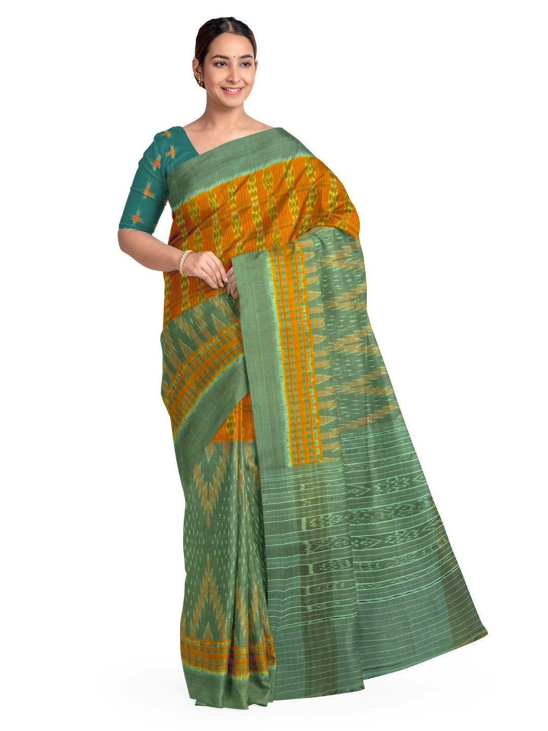 Light Green Orange half half body coloured Odisha Ikat saree with cotton ikat blouse piece