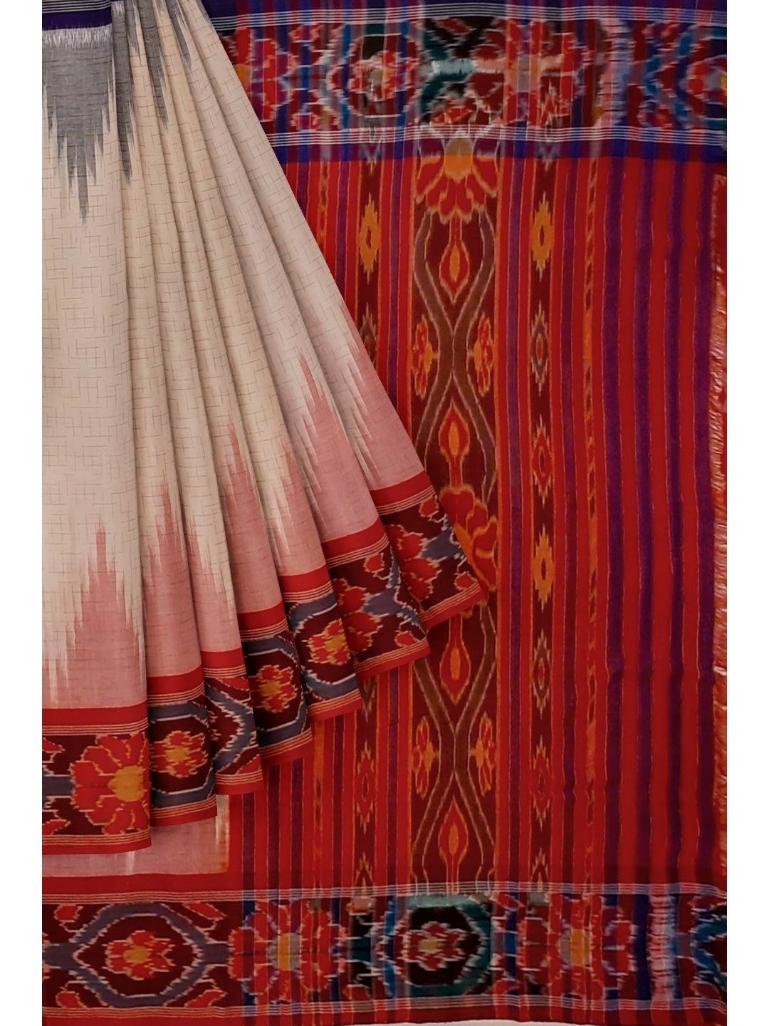 White Ganga Jamuna border Cotton Odisha Ikat saree with cotton ikat blouse piece
