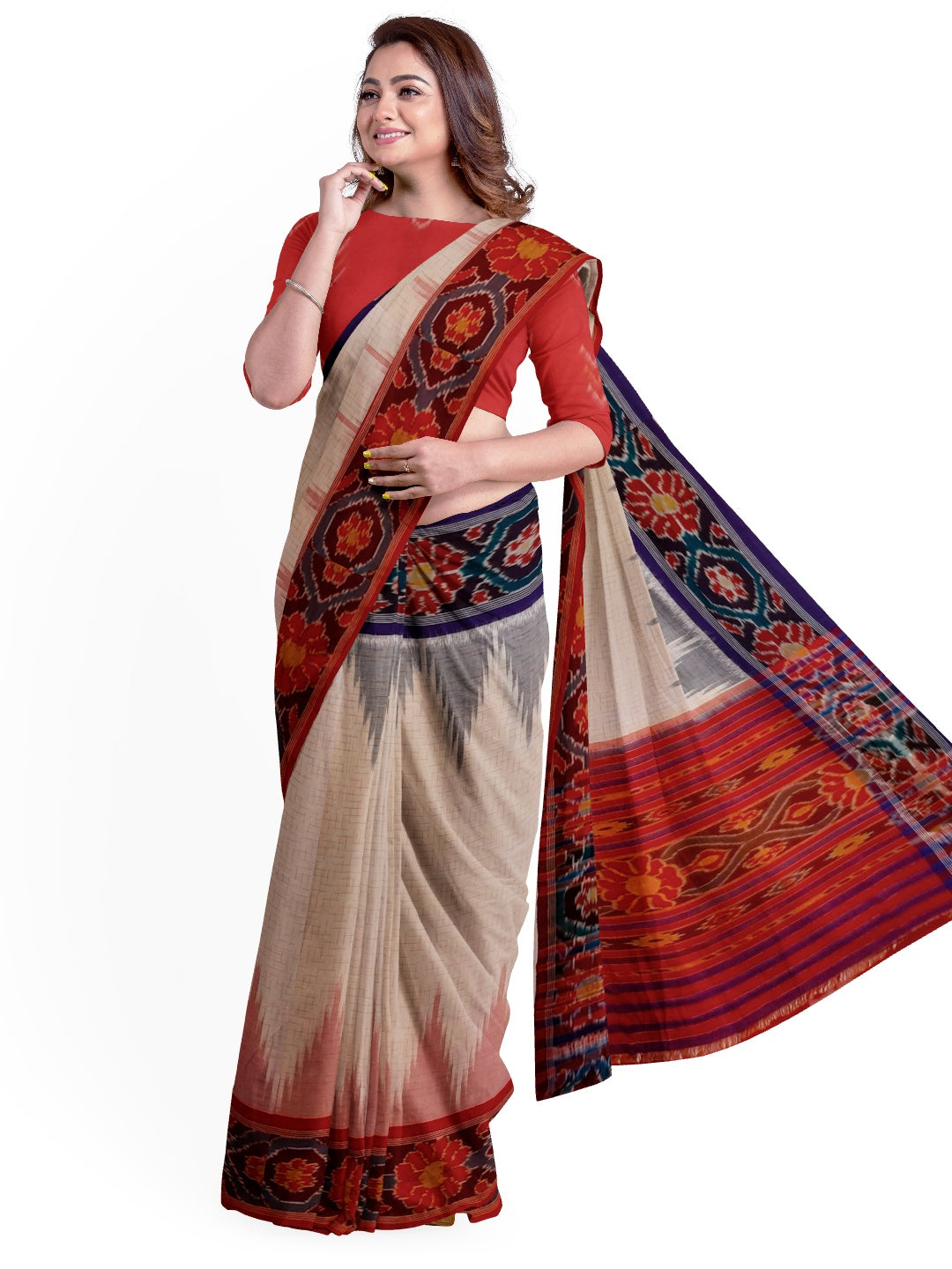 White Ganga Jamuna border Cotton Odisha Ikat saree with cotton ikat blouse piece