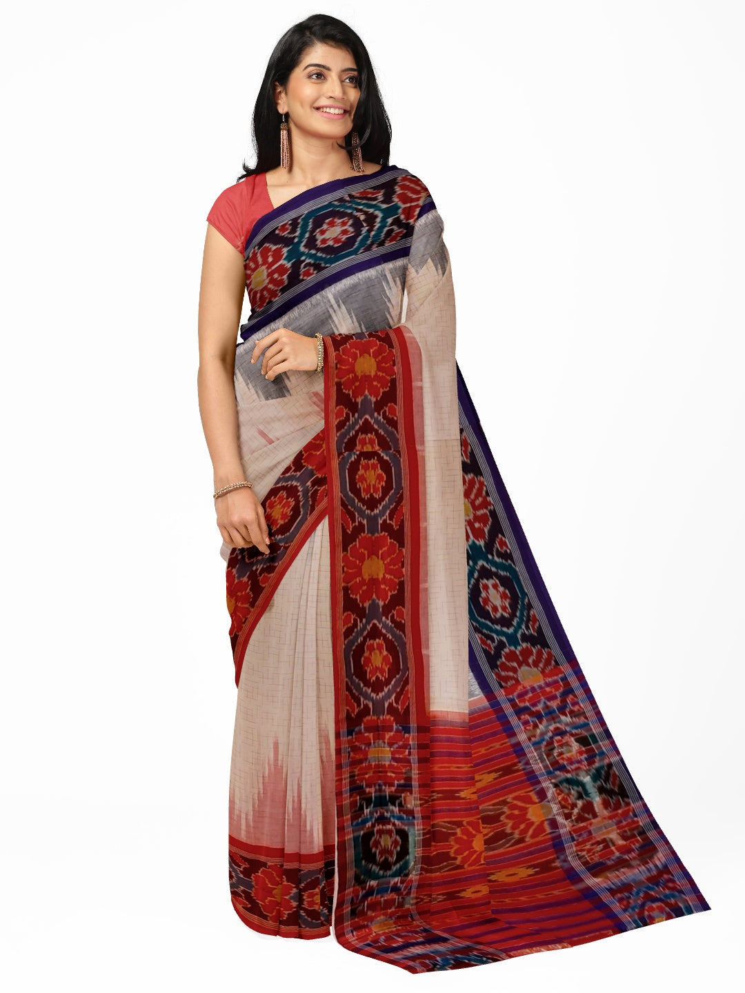 White Ganga Jamuna border Cotton Odisha Ikat saree with cotton ikat blouse piece
