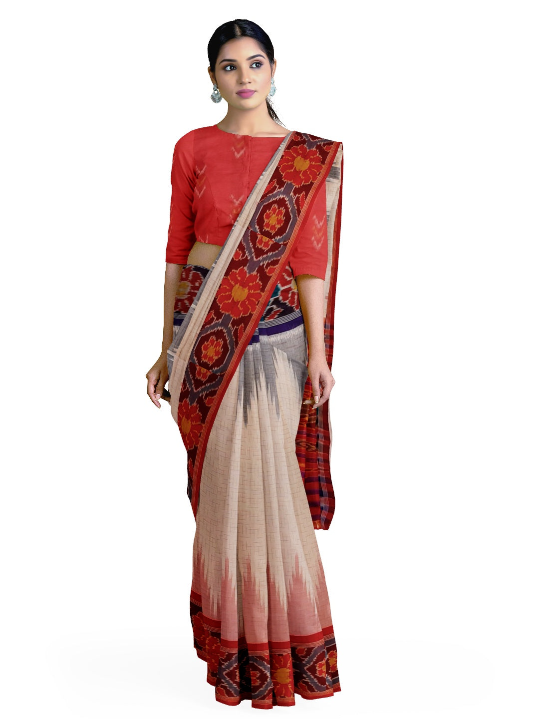White Ganga Jamuna border Cotton Odisha Ikat saree with cotton ikat blouse piece