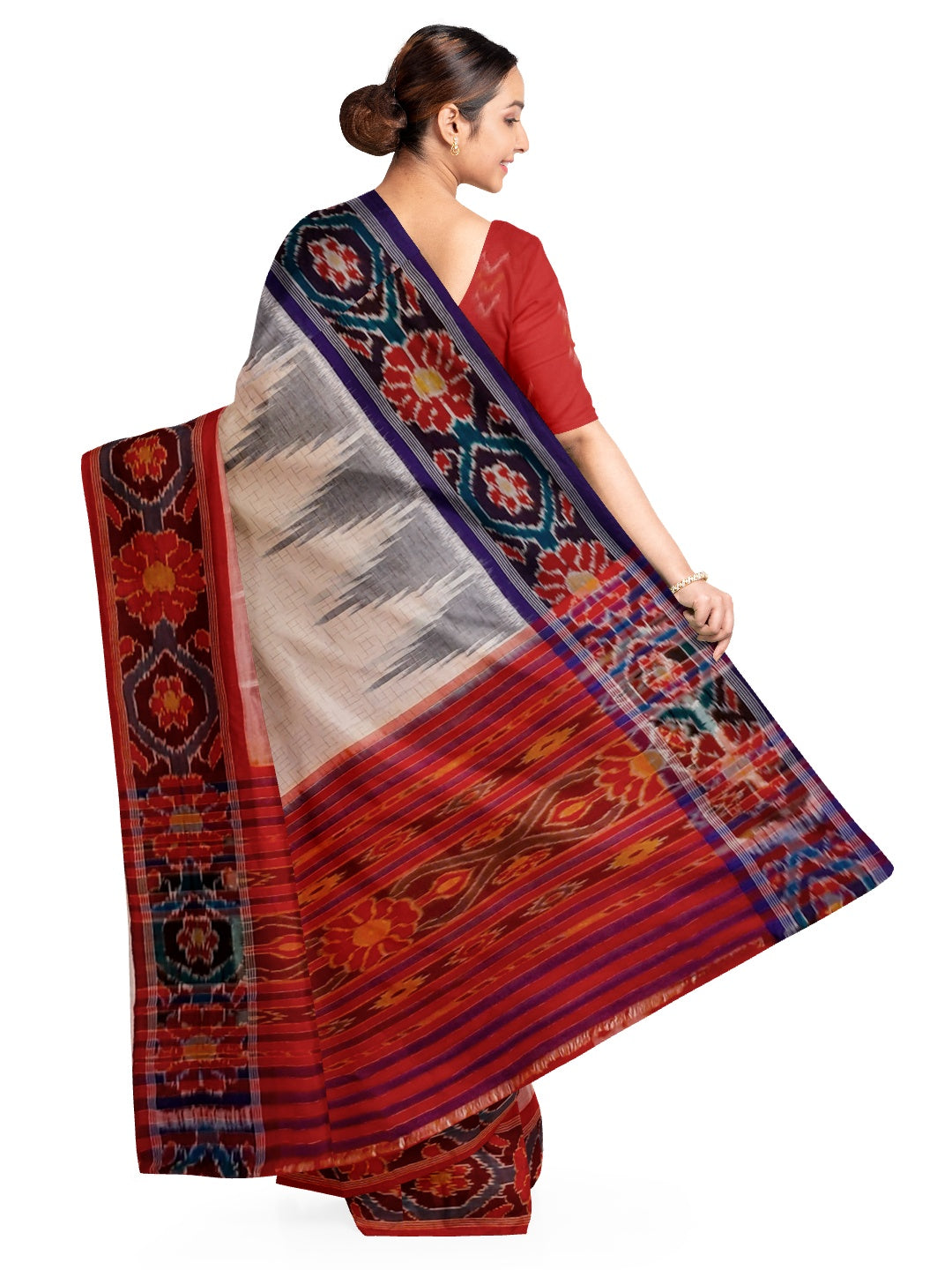 White Ganga Jamuna border Cotton Odisha Ikat saree with cotton ikat blouse piece