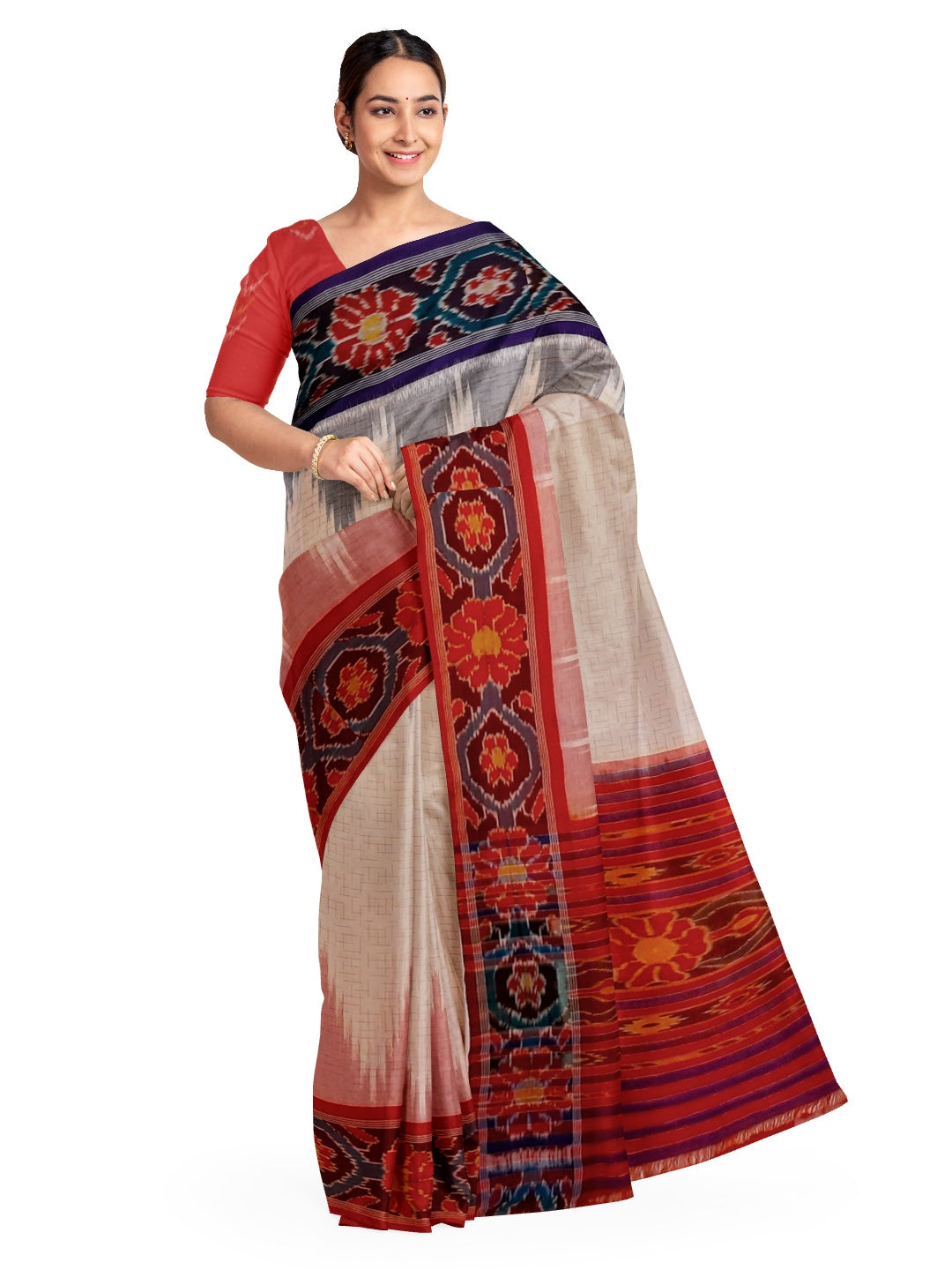 White Ganga Jamuna border Cotton Odisha Ikat saree with cotton ikat blouse piece